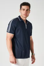 Erkek Lacivert Ayaklı Yaka Fermuarlı Omuz Şeritli Kagi Tişört