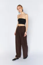 Women's Coffee YP5115 Double Pleated Wide Leg Tencel Trousers