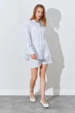 Kadın İndigo Oversize Gömlekli Şortlu Takım