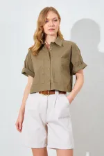 Kadın Haki Çift Cepli Düşük Kol Crop Gömlek