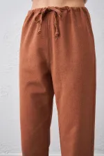 Kadın Kiremit Bel Bağlamalı Bağcıklı Keten Pantolon