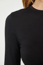Kadın Siyah Uzun Kollu Bisiklet Yaka Crop Bluz