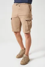 Erkek Bej Beli Ribanalı Örme Parça Boya Kargo Şort