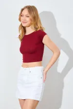 Kadın Bordo (25511) Bisiklet Yaka Full Likra Ribana Kısa Tişört