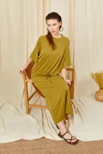 Women's Olive Green 164 Raglan Sleeve Tie Hem Blouse and Skirt Modal Set
