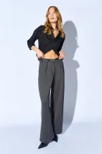Women's Anthracite Wide-Leg Wool-Effect Trousers with Internal Belt