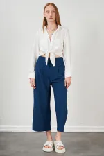 Kadın İndigo Kısa Palazzo Poplin Pantolon