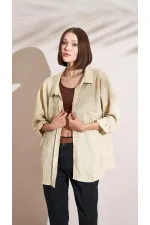 Kadın Taş Kendinden Çizgili Oversize Gömlek