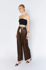 Women's Coffee Brown Wide-Leg Trousers with Scarf Belt and Flush Satin Fabric