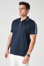 Erkek Lacivert Ayaklı Yaka Fermuarlı Omuz Şeritli Kagi Tişört