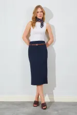 Kadın Lacivert İnce Kemerli Poliviskon Midi Boy Etek