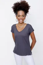 T-shirt ample à col en V gris fumé pour femme