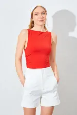 Kadın Kırmızı Kayık Yaka Yanları Büzgülü Sandy Bluz