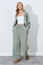 Kadın Haki Beli Lastikli Palazzo Keten Pantolon
