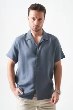 Erkek Antrasit Kısa Kol Apaj Yaka Müslin Regular Gömlek