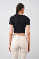 Kadın Siyah Polo Yaka Bürümcük Kumaş Crop