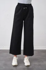 Kadın Siyah Beli Bağlamalı Geniş Piş Dikişli Paça Pantolon