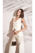 Gilet boutonné pour femme en gabardine à chevrons naturels