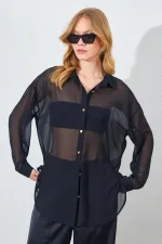 Kadın Siyah Şifon Bluz Saten Pantolon Takım