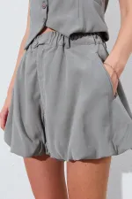 Kadın Haki Beli Lastikli Stoplu Bolon Şort Etek