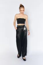Women's Black Wide-Leg Trousers with Scarf Waistband and Flush Satin