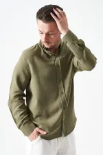 Erkek Haki Uzun Kol Regular Basic Müslin Gömlek