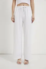 Kadın Beyaz Beli Bağlamalı Geniş Piş Dikişli Paça Pantolon