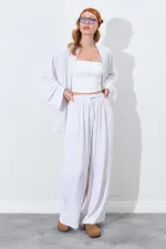 Kadın Naturel Beli Lastikli Palazzo Keten Pantolon