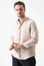Erkek Bej Uzun Kol Regular Basic Müslin Gömlek