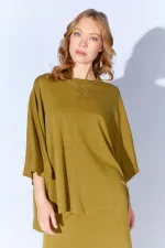 Kadın Yağ Yeşili 172 Düşük Kol Bluzlu Uzun Pike Modal Etekli Takım