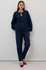 Kadın Lacivert Beli Lastikli Havuç Paça Muslin Pantolon