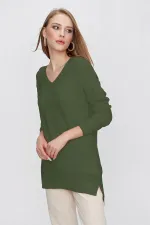 Kadın Zeytin Yeşili V Yaka Salaş Triko Kazak