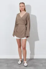 Kadın Toprak Kruvaze Yaka İp Bağlamalı Ceket