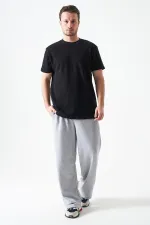 Erkek Siyah Bisiklet Yaka Önü Karyola Waffle Basic Tişört