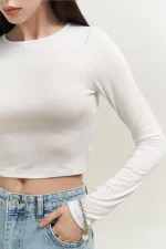 Kadın Ekru Uzun Kollu Bisiklet Yaka Crop Bluz