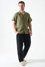 Erkek Haki Kısa Kol Apaj Yaka Müslin Regular Gömlek