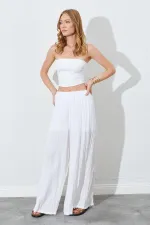 Kadın Ekru Beli Lastikli Bol Paça Kırışık Pantolon