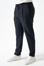 Erkek V002-Lacivert Yandan Lastikli Keten Efektli Tristan Dokuma Tek Pileli Duble Paça Pantolon