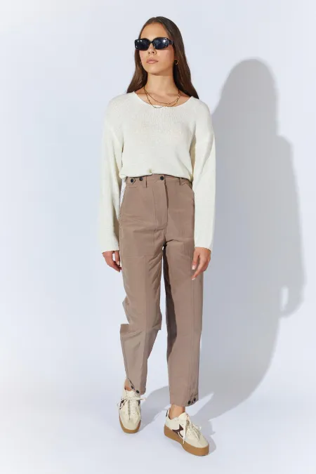 Kadın Vizon Beli Düğmeli Çift Dikişli Pantolon