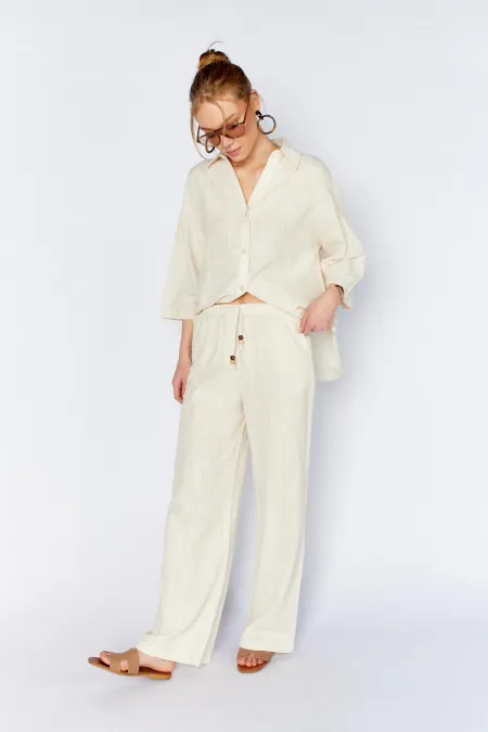 Kadın Ekru İçi Astarlı Bel Bağlamalı Pantolon