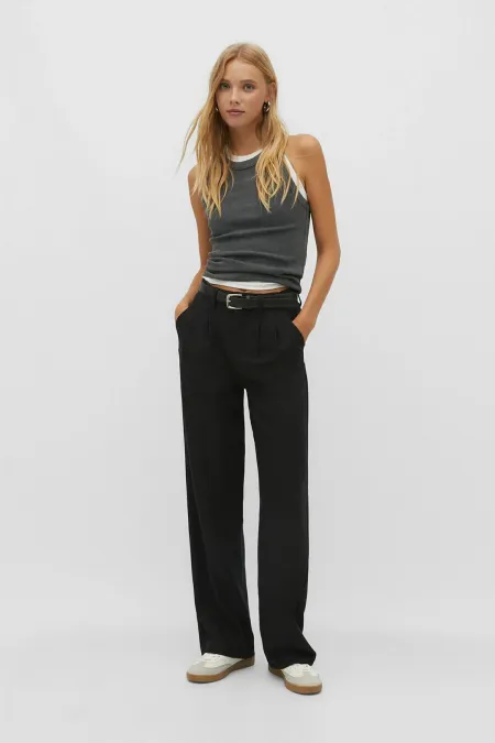 Kadın Siyah Çift Pileli Kemerli Poly Viskon Palazzo Pantolon