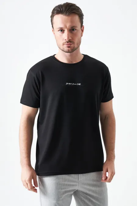 T-shirt noir à col rond en modal pour homme avec imprimé MANFECTUREO