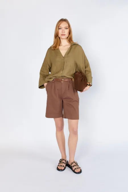 Kadın Kahve Beli Kemerli Licralı Gabardin Midi Şort