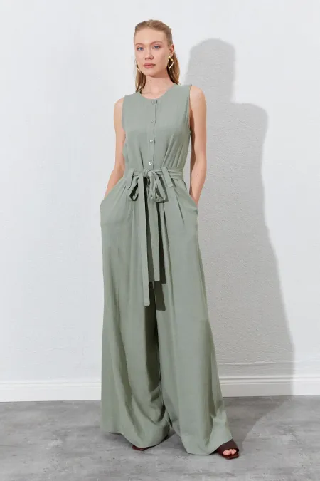 Kadın Haki Kolsuz Kuşak Bağlamalı Double Paça Tulum