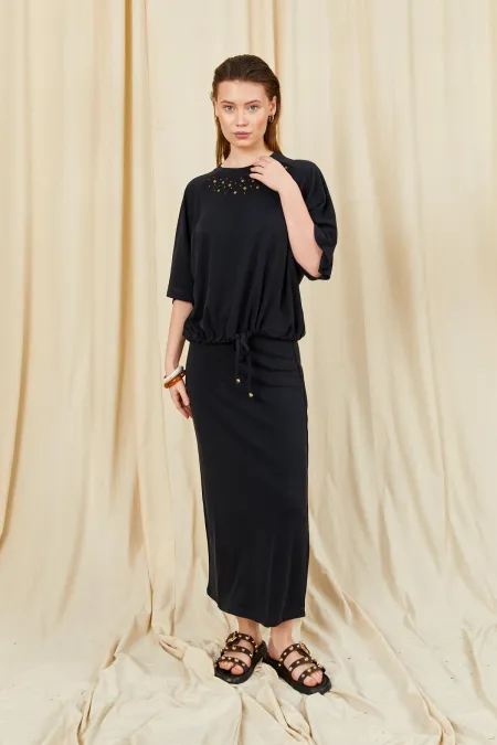 Kadın Siyah 164 Reglan Kollu Etek Ucu Bağlama Bluzlu Etekli Modal Takım