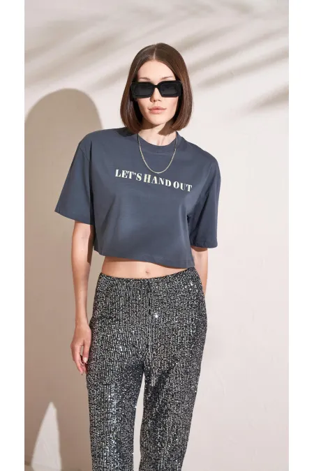 T-shirt court oversize à col rond gris fumé pour femme, imprimé métallisé Supreme