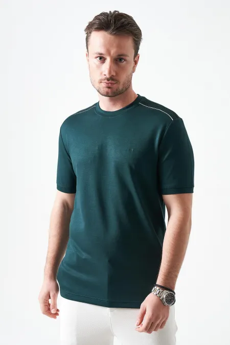 T-shirt homme vert olive à col rond avec détail de large bande sur les épaules