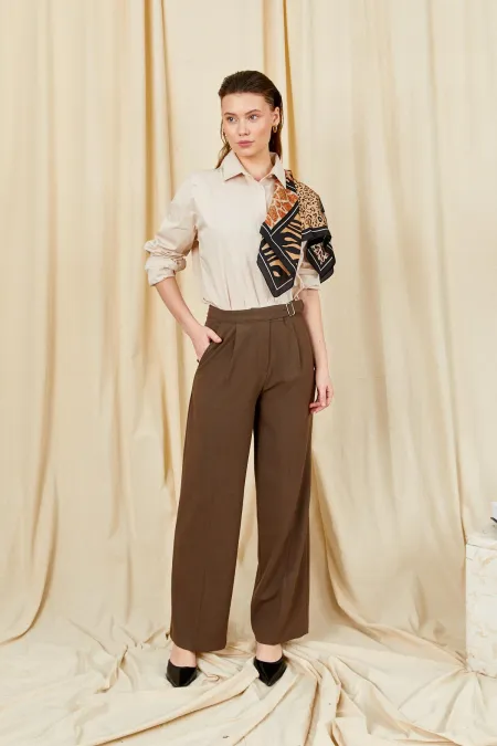 Women's Dark Brown 3522 Loose Fit Trousers with Side Buckle