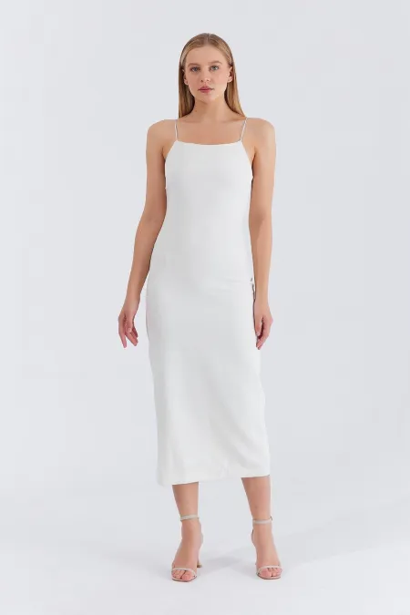 Kadın Ekru Askılı Uzun Elbise