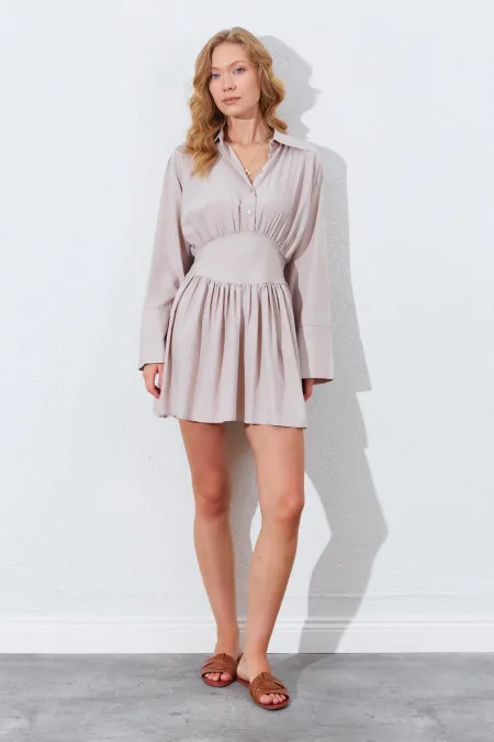 Kadın Bej Beli Oturtmalı Gömlek Yaka Elbise